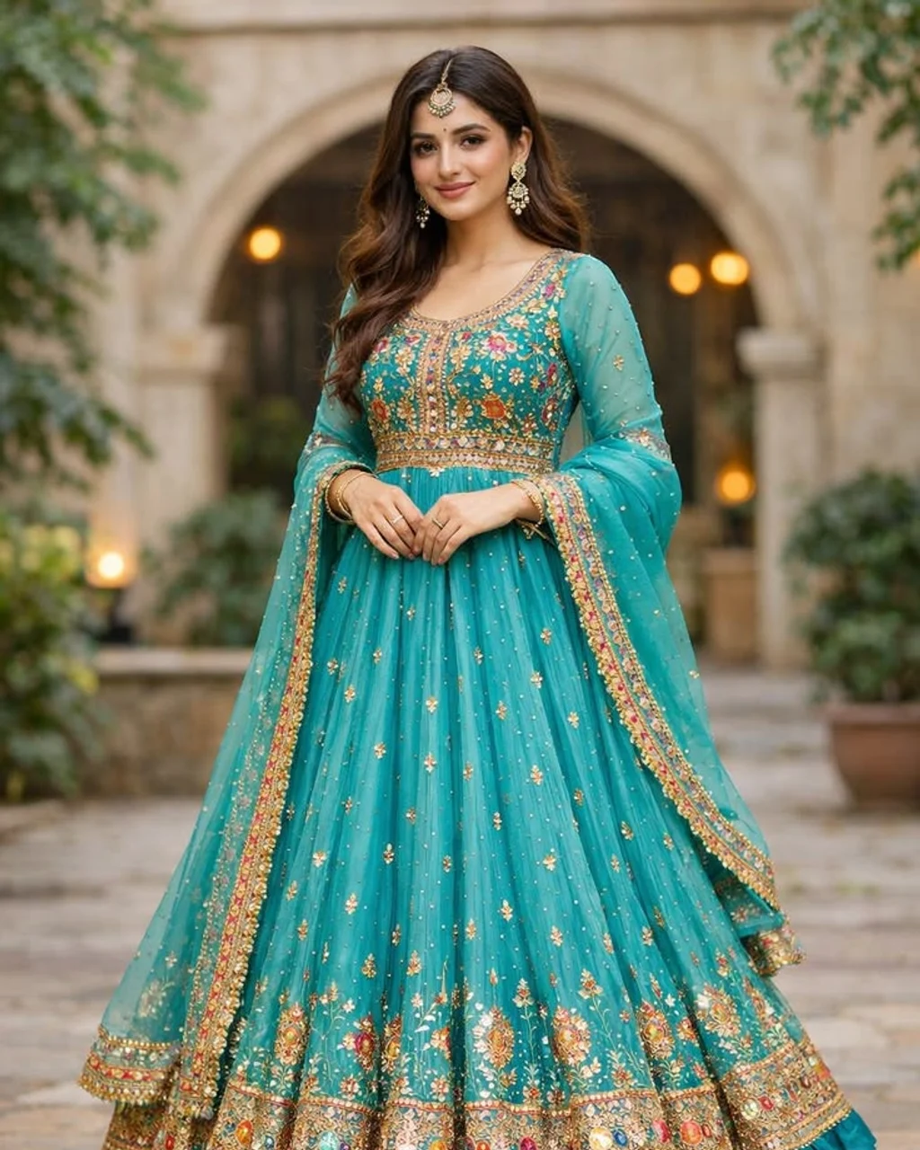 Elegant Anarkali suit with matching dupatta and delicate ethnic needlework