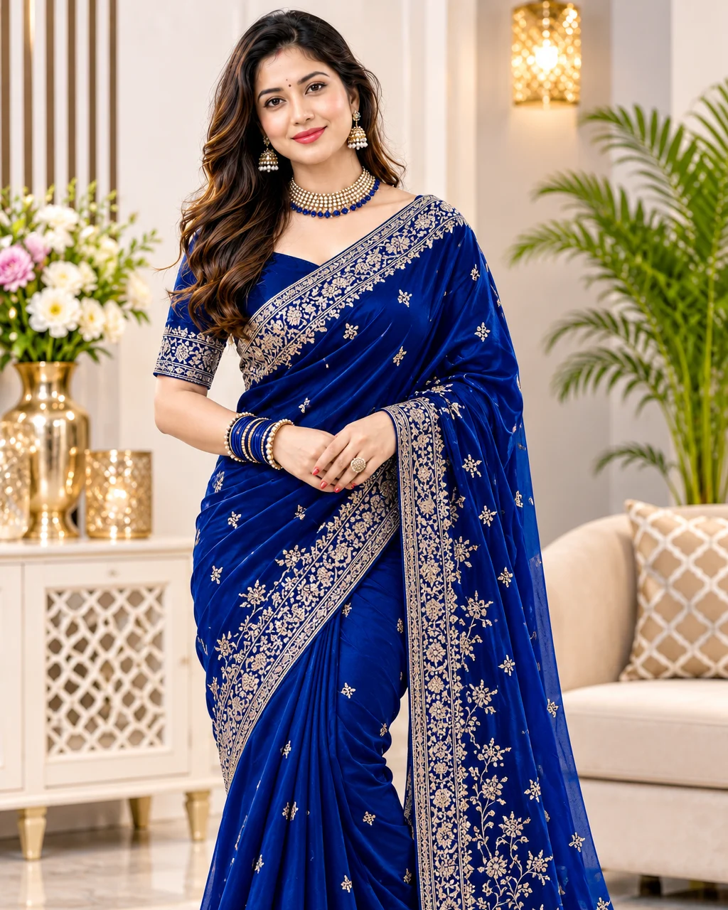 Model in royal blue peacock saree with luxurious zari borders against a garden courtyard