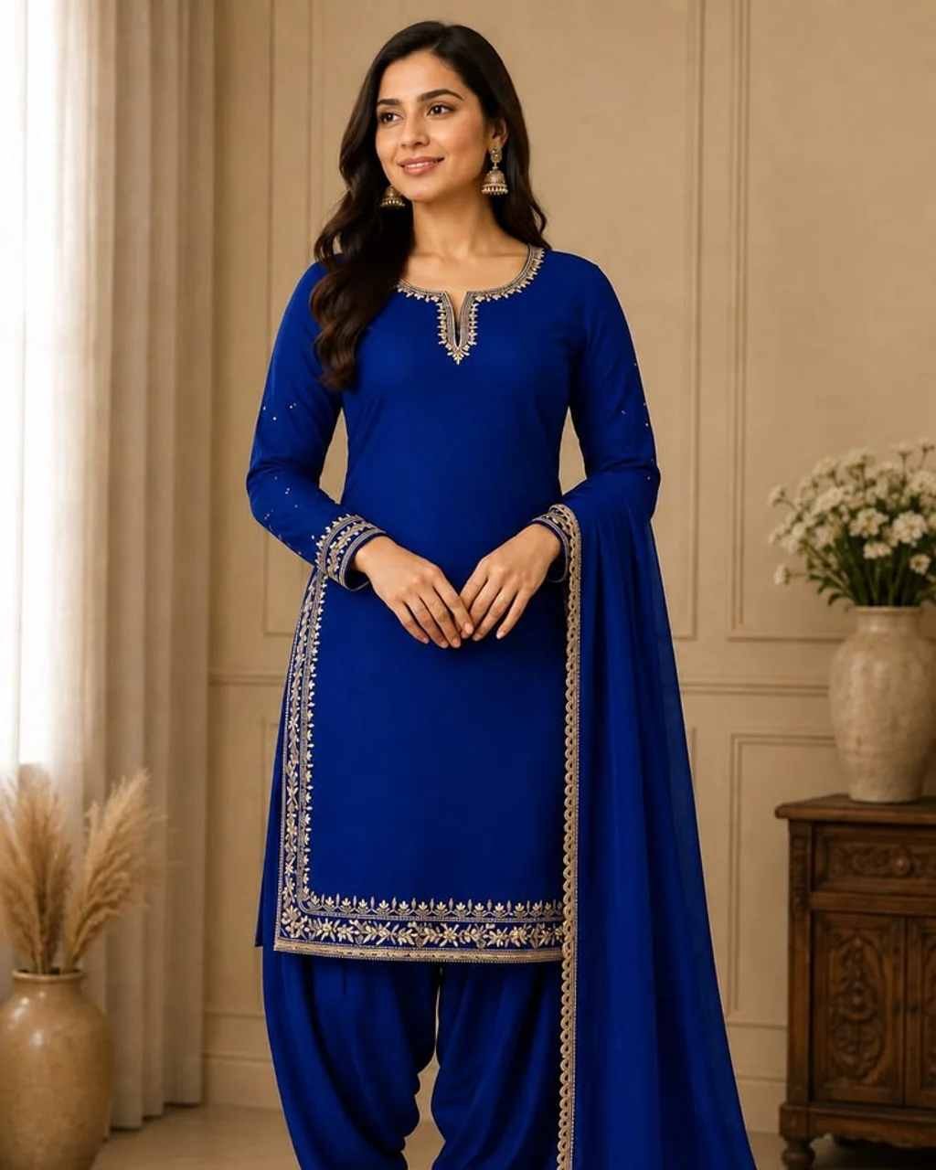 Traditional designer Punjabi salwar suit in rich hues with ornate embroidery and matching dupatta