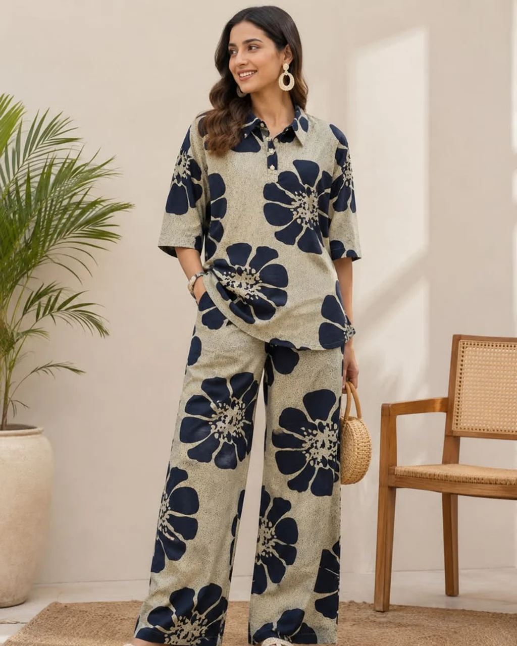Modern floral print ethnic co-ord set with contemporary tailoring