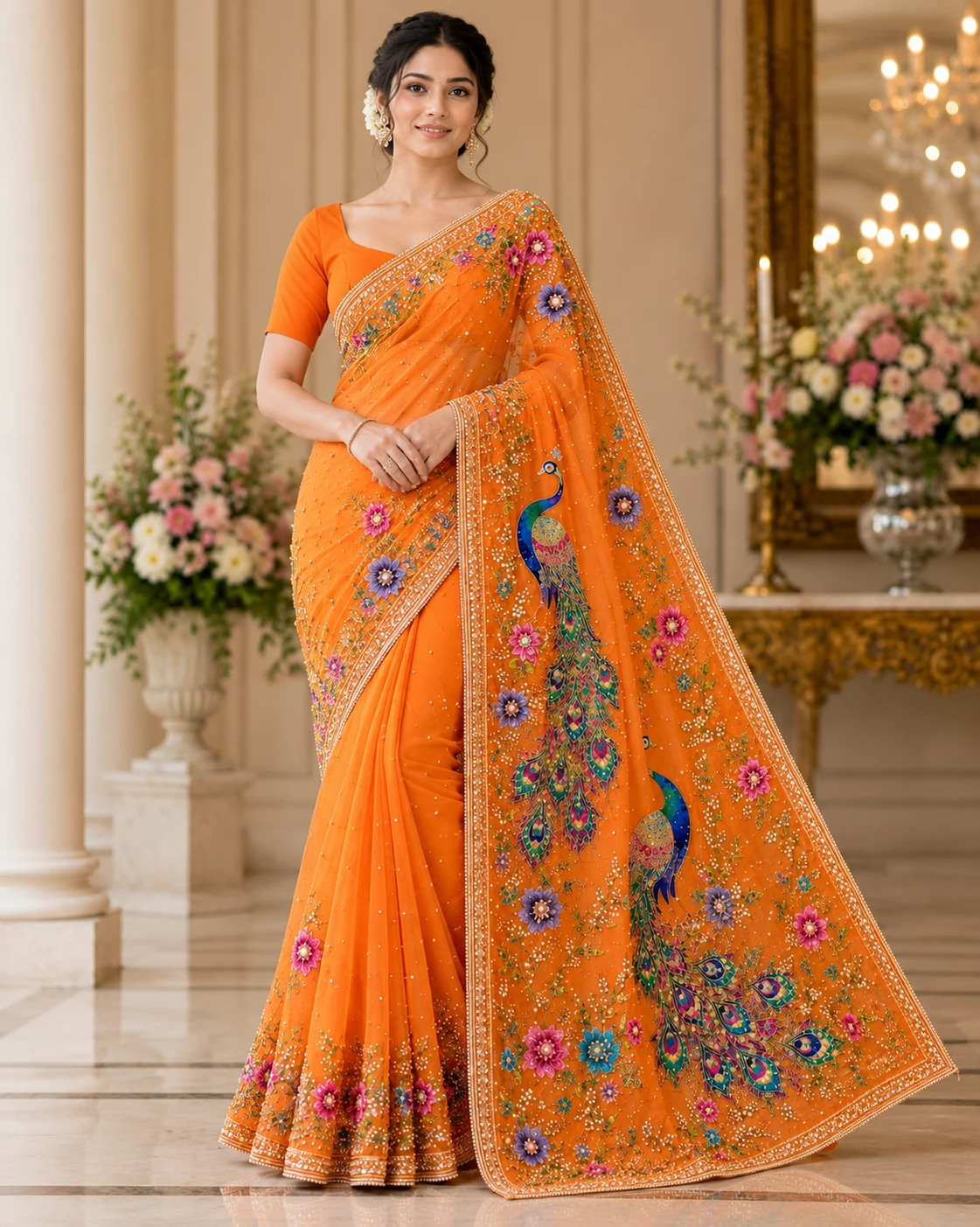 Model wearing an exquisite peacock-embellished orange saree with ornate golden zari border in an elegant architectural setting