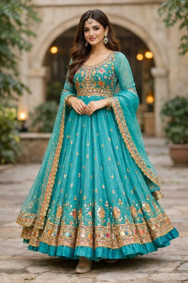 Model in festive crimson Anarkali kurti with dupatta