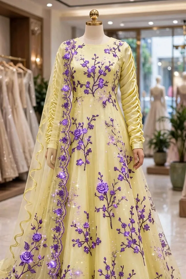 Model in elegance yellow and purple floral flared Anarkali kurti
