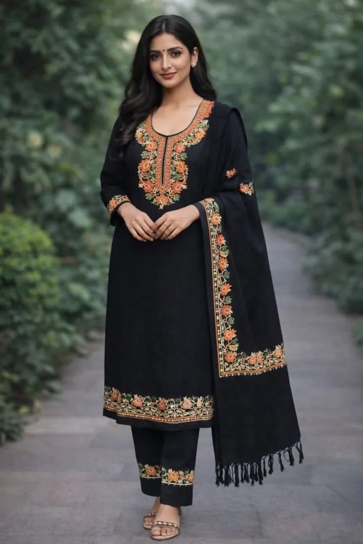 Model in Midnight Bloom black embroidered Kashmiri kurti with floral motifs