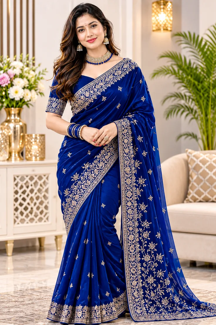 Heritage blue silk saree portrait with golden pallu