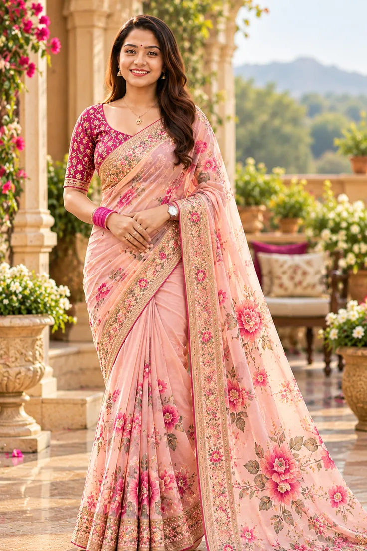 Model in floral saree in courtyard setting