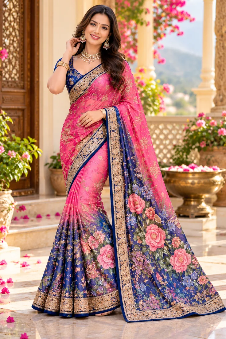 Botanical floral print designer saree