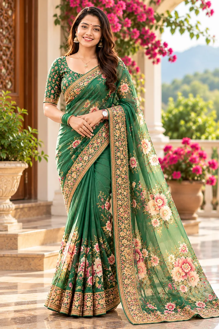 Model wearing rich forest green Tussar silk saree with antique woven border