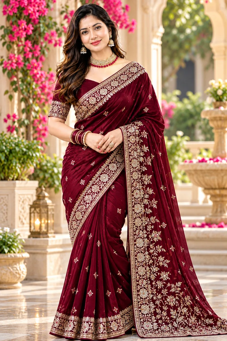 Model in rich maroon Banarasi silk saree with ornate gold zari border in courtyard