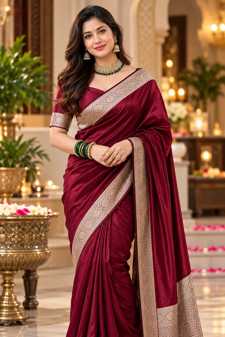 Maroon saree portrait with zari embellishments