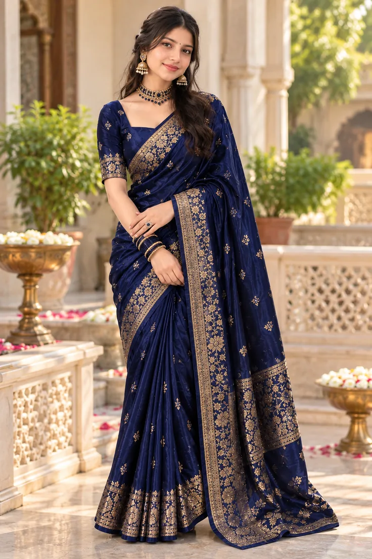 Model wearing midnight navy Paithani saree with gold border in palace setting