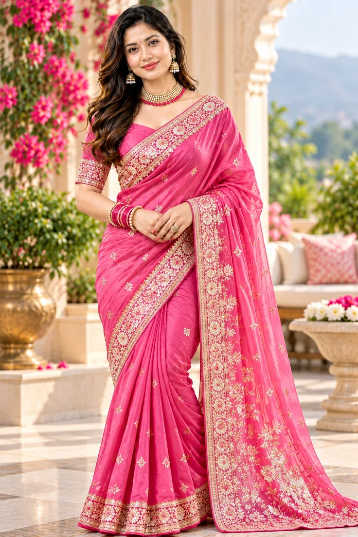 Model wearing elegant pastel pink georgette designer saree in sunlit courtyard