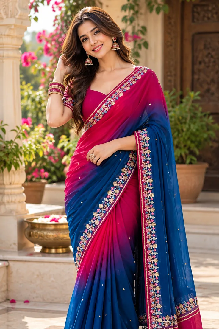Portrait of model in heritage courtyard silk saree