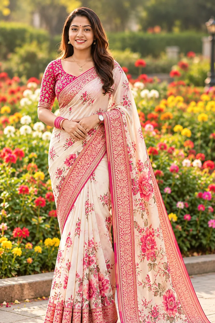 Model in blooming garden pastel saree