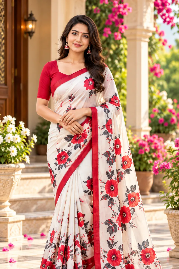 Portrait in floral courtyard pink saree