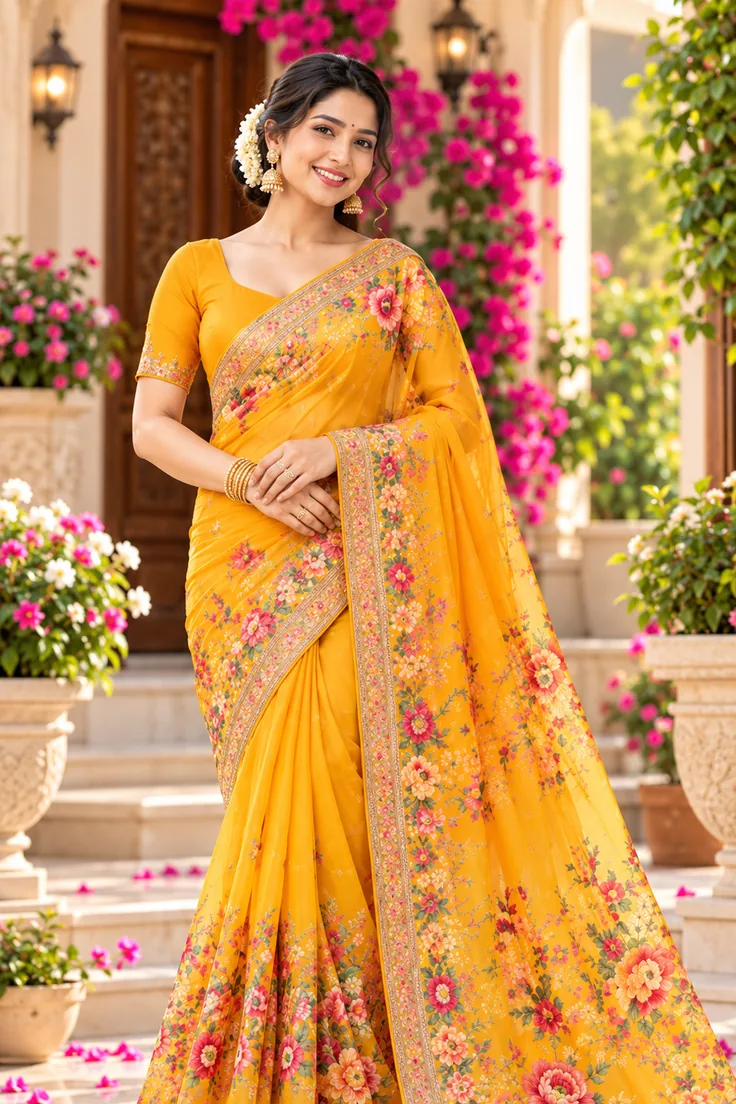 Model wearing floral yellow saree portrait