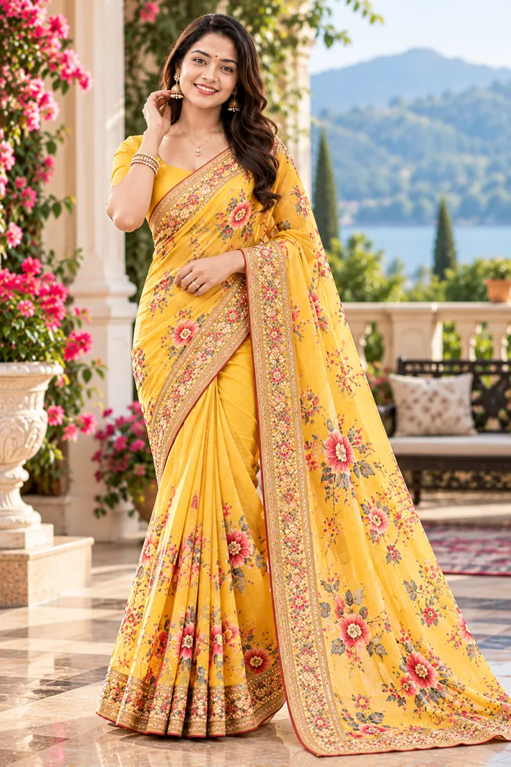 Model wearing warm mustard yellow cotton silk saree with floral accents