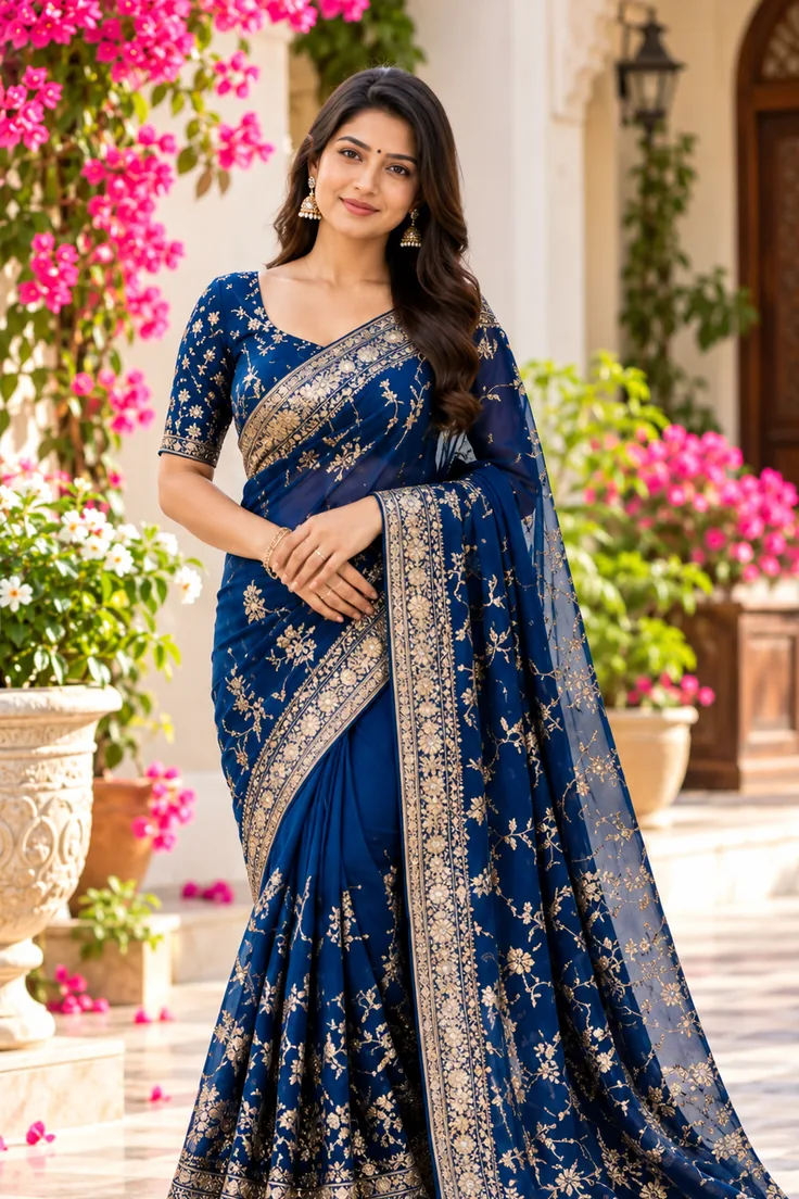 Graceful navy saree with golden border