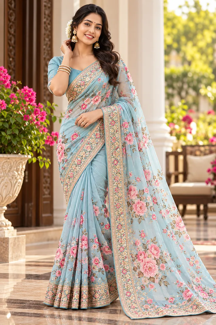 Graceful portrait in floral blue saree
