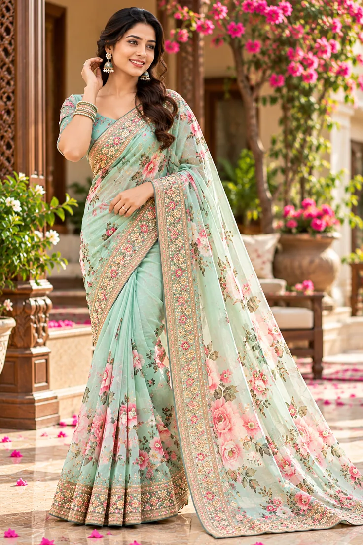 Model draped in pastel mint organza designer saree with scalloped floral trim