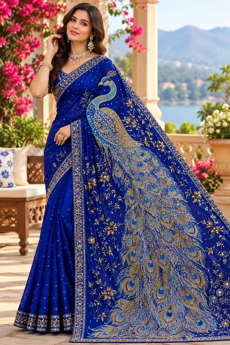Model wearing royal blue Kanjivaram silk saree with traditional peacock motif pallu
