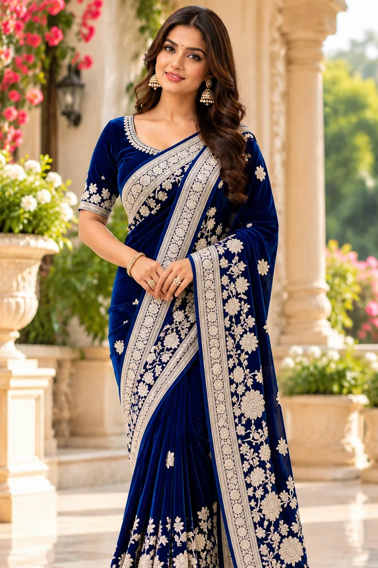 Royal blue velvet saree with rich border