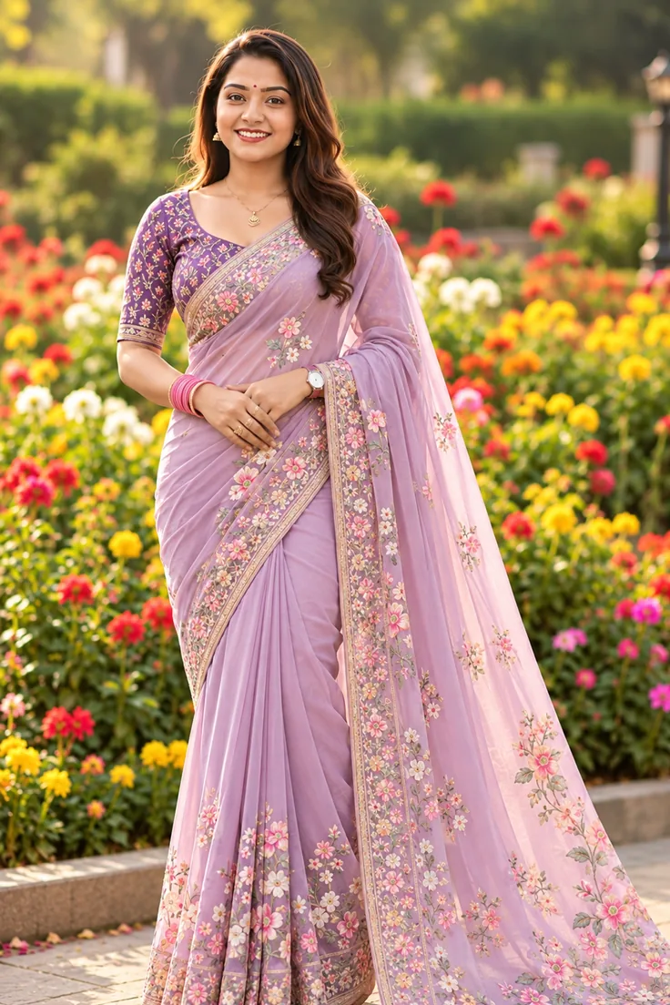 Lavender saree garden portrait