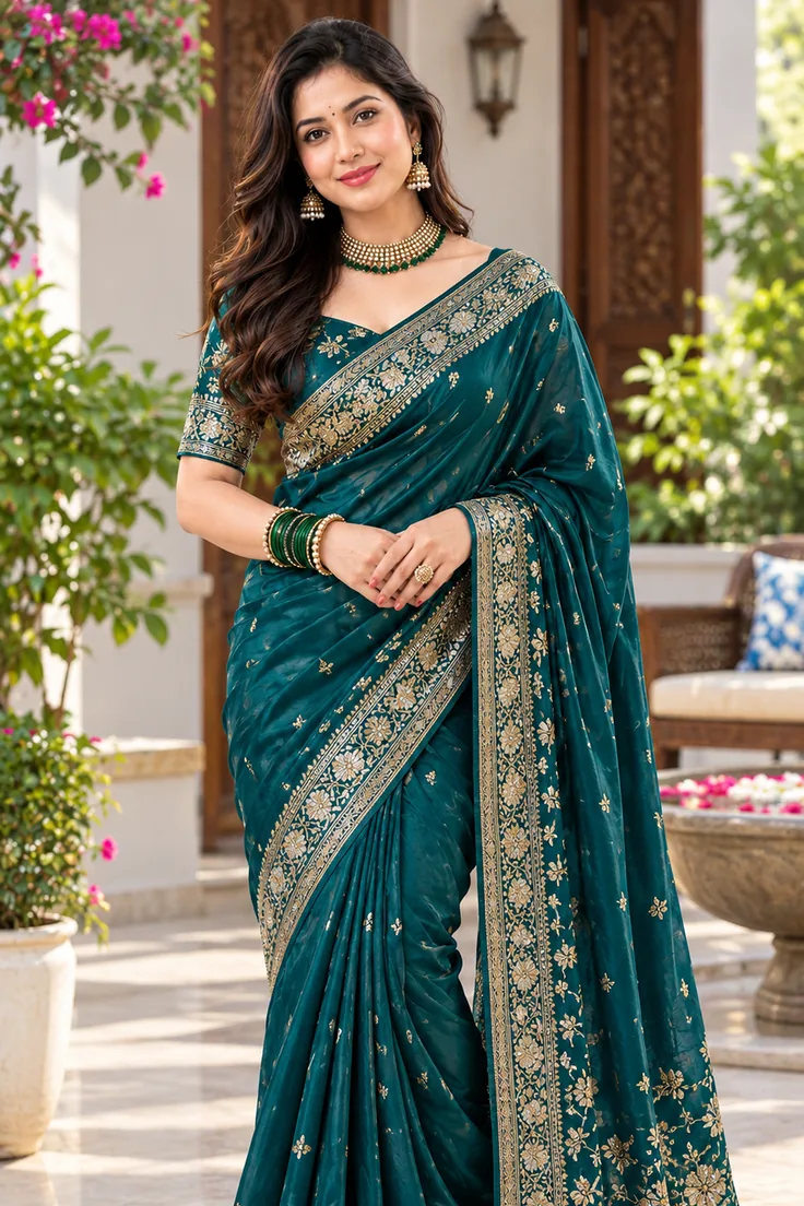 Teal saree elegance in courtyard