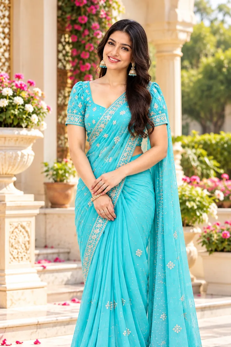 Turquoise saree in heritage courtyard