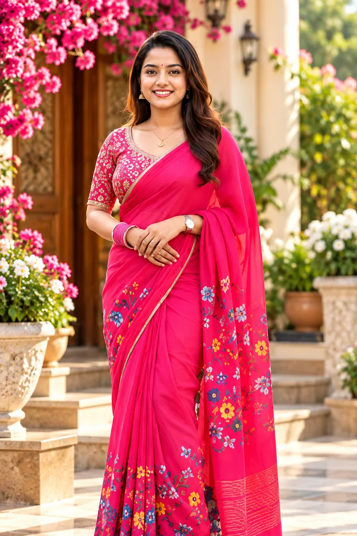 Model in vibrant pink chiffon printed saree surrounded by garden blossoms