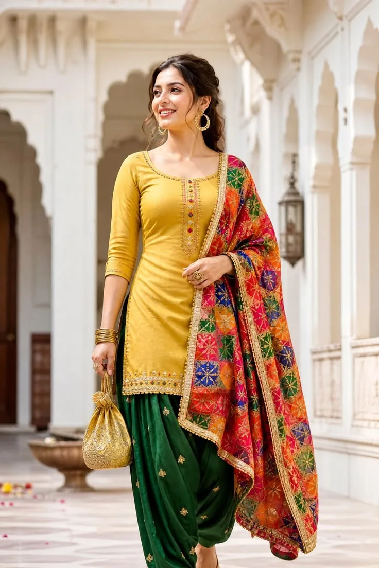 Festive wedding suit with rich contrast dupatta