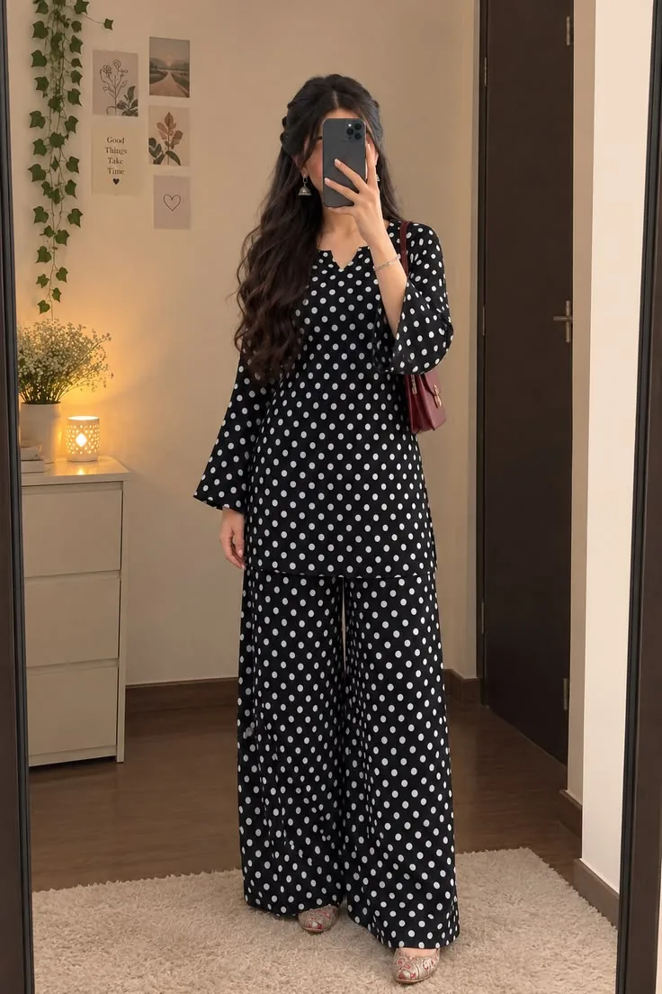 Black and white polka dot modern ethnic co-ord set