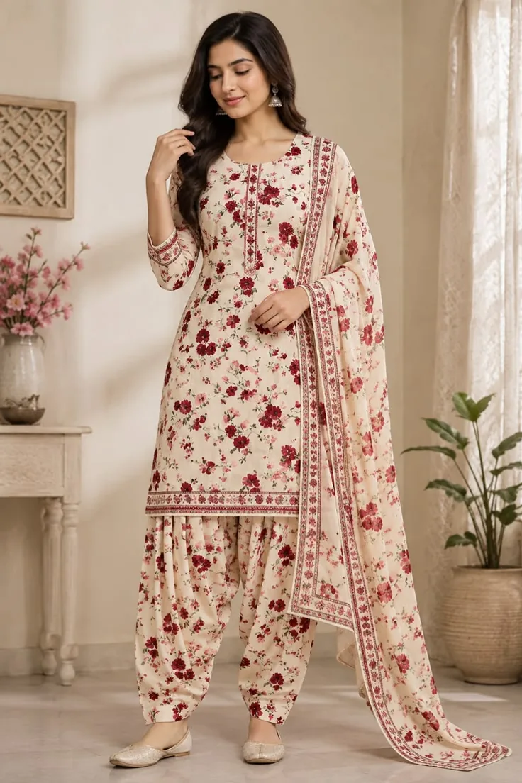 Model wearing cream, pink, and maroon floral salwar suit set