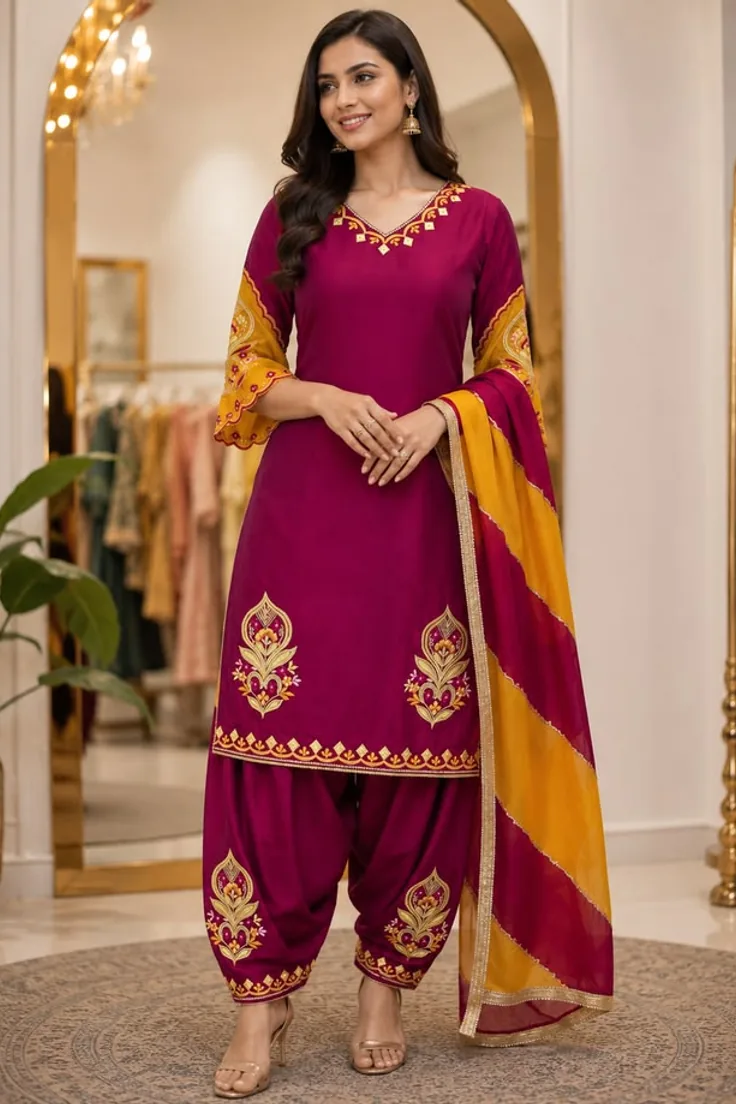 Model in boutique maroon and mustard Patiala salwar suit design
