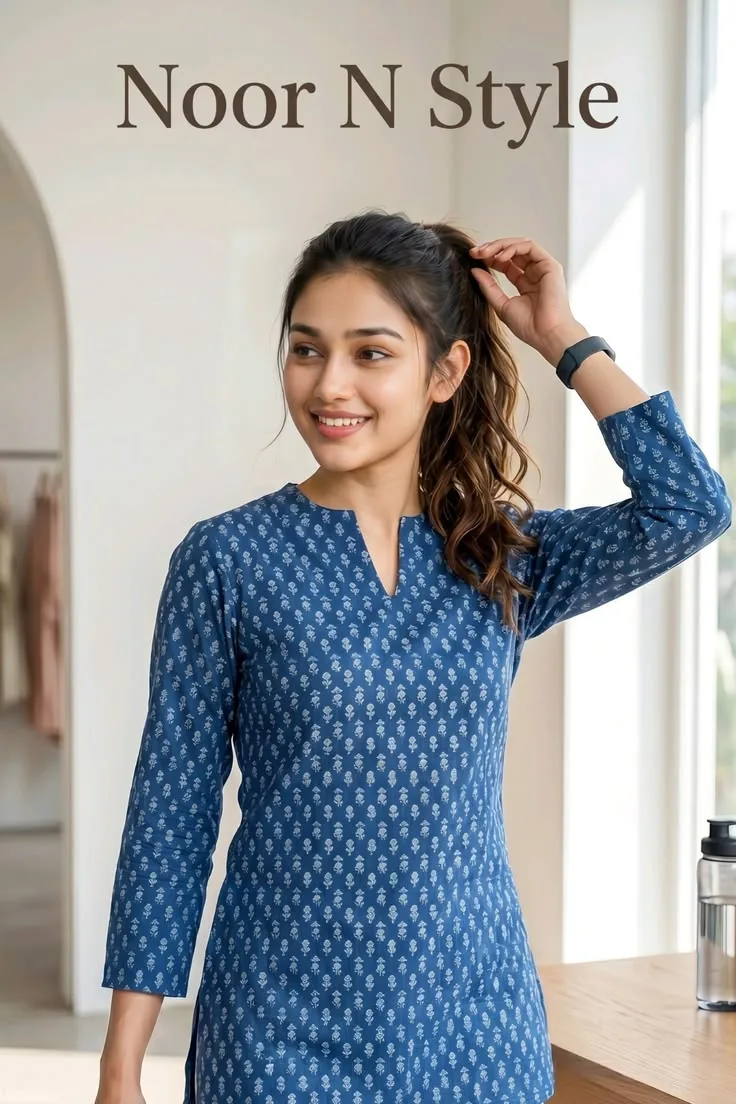 Model in premium blue printed tunic with straight white trousers