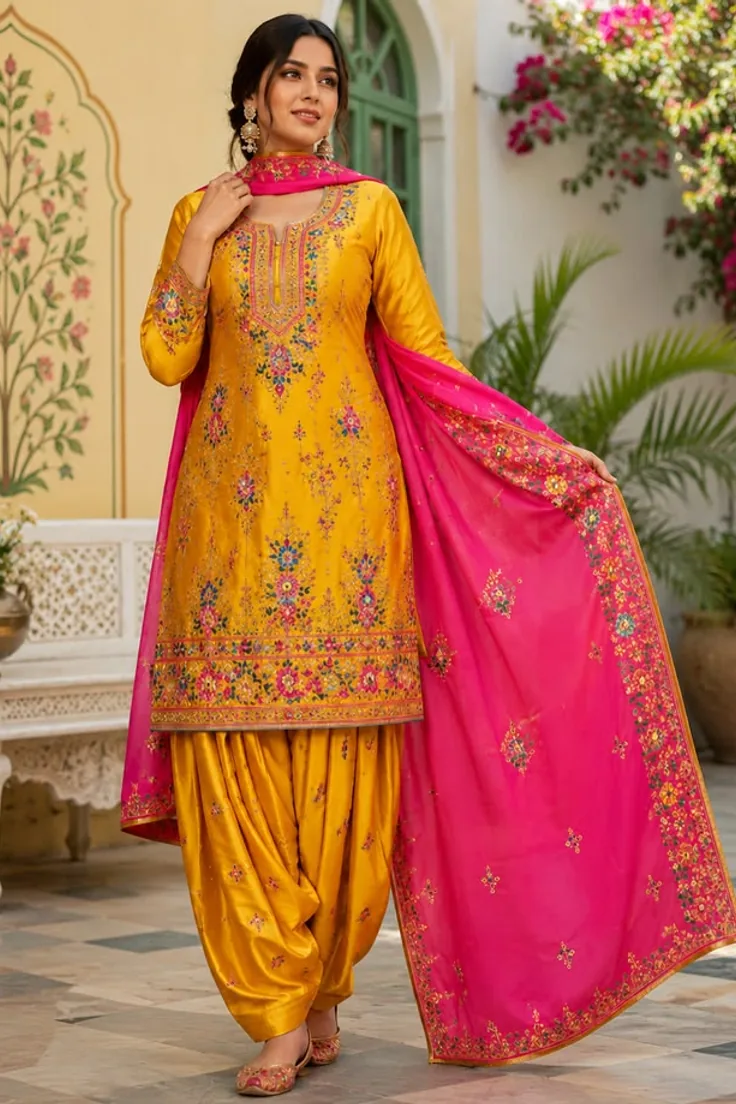 Model wearing vibrant mustard and pink silk Punjabi suit with dupatta